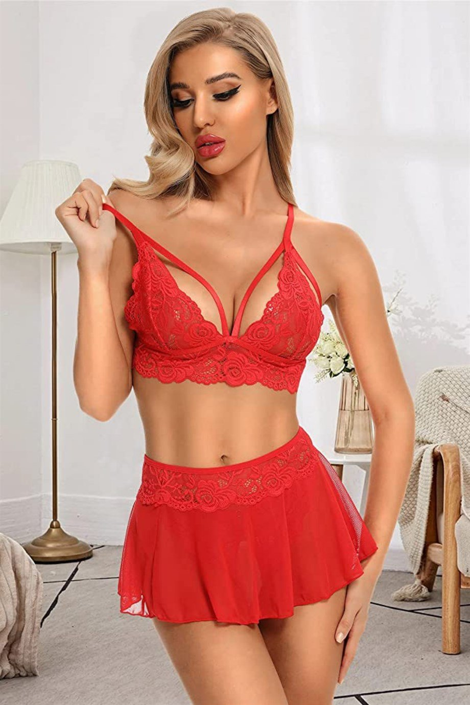 Özel Bölgesi Açık Kırmızı Etekli Bralet Sütyen Takım 16016
