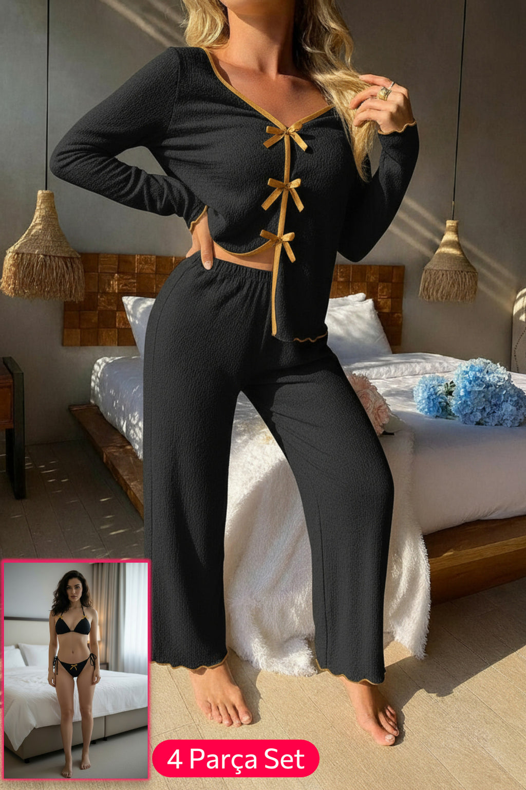 Kadın Beyaz Fiyonklu İç Çamaşırı ve Uzun Kollu V Yaka Pijama Takımı 4'lü Set