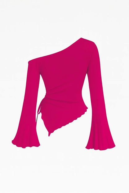 Kadın Siyah Uzun İspanyol Kollu Asimetirik Yaka Yandan Bağlamalı Drapeli Bluz