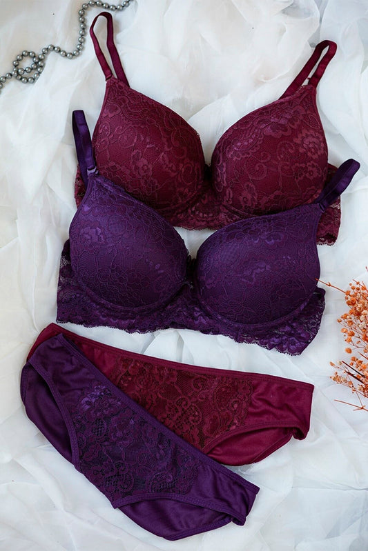 Kadın Bordo Ve Mor Dolgulu Balenli Sütyen Külot 2'li Paket