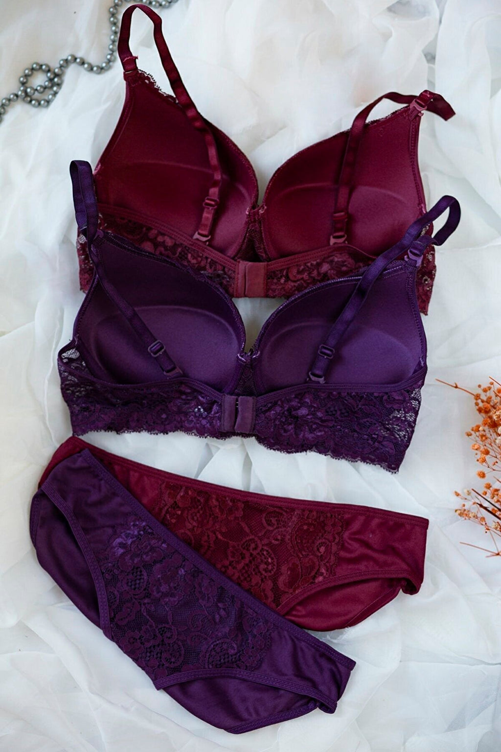 Kadın Bordo Ve Mor Dolgulu Balenli Sütyen Külot 2'li Paket