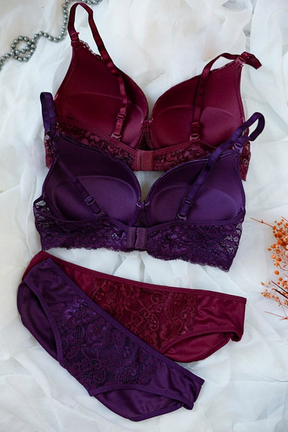 Kadın Bordo Ve Mor Dolgulu Balenli Sütyen Külot 2'li Paket