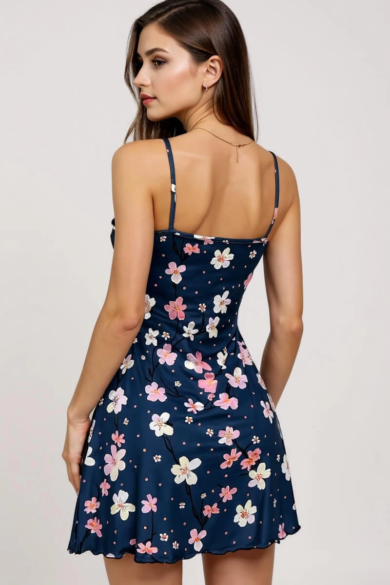 Çiçek Desenli Mavi Askılı Gecelik