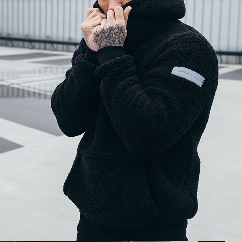 Erkek Peluş Kapüşonlu Sweatshirt Büyük Cepli Moda Uzun Kollu Kazak