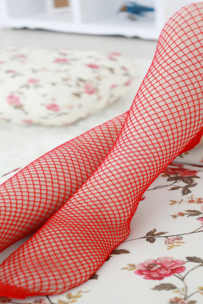 Kadın Kırmızı Üstü Dantel Fileli Jartiyer Çorabı