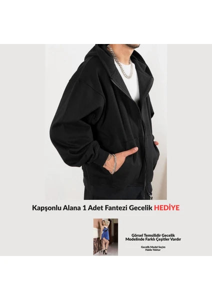 Unisex Fermuarlı Kapşonlu Içi Polarlı Sweatshirt Siyah Cepli Model(FANTAZİ GECELİK HEDİYE)