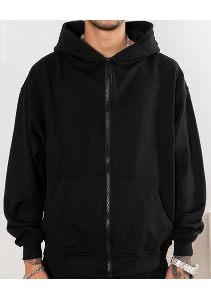 Unisex Fermuarlı Kapşonlu Içi Polarlı Sweatshirt Siyah Cepli Model(FANTAZİ GECELİK HEDİYE)