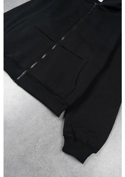 Unisex Fermuarlı Kapşonlu Içi Polarlı Sweatshirt Siyah Cepli Model(FANTAZİ GECELİK HEDİYE)