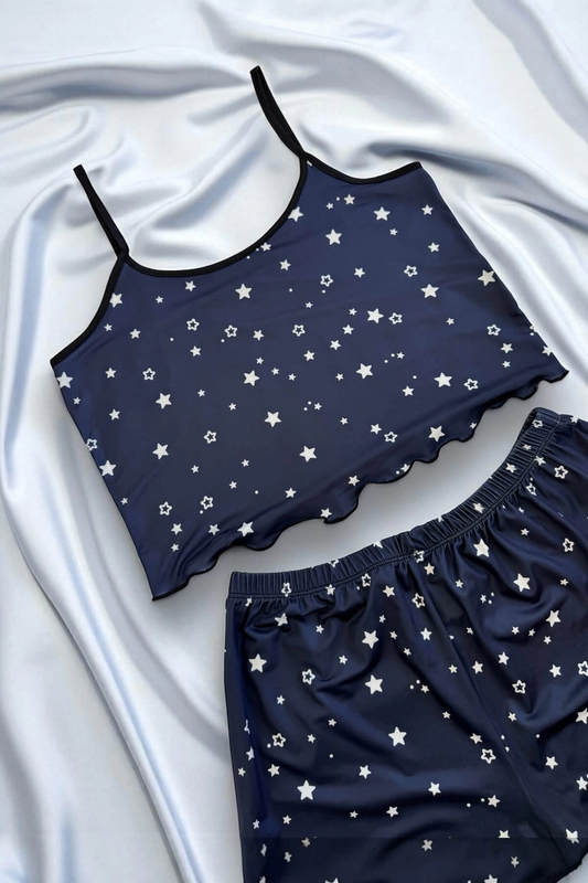Yıldız Desenli Lacivert Şortlu Pijama Takımı